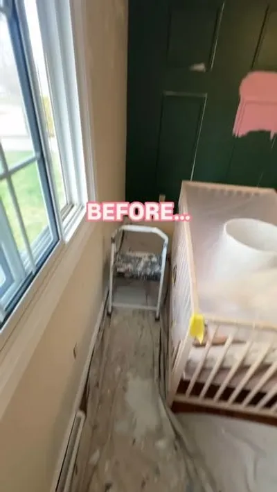 Dark green nursery before painting, a dark-to-light colour change